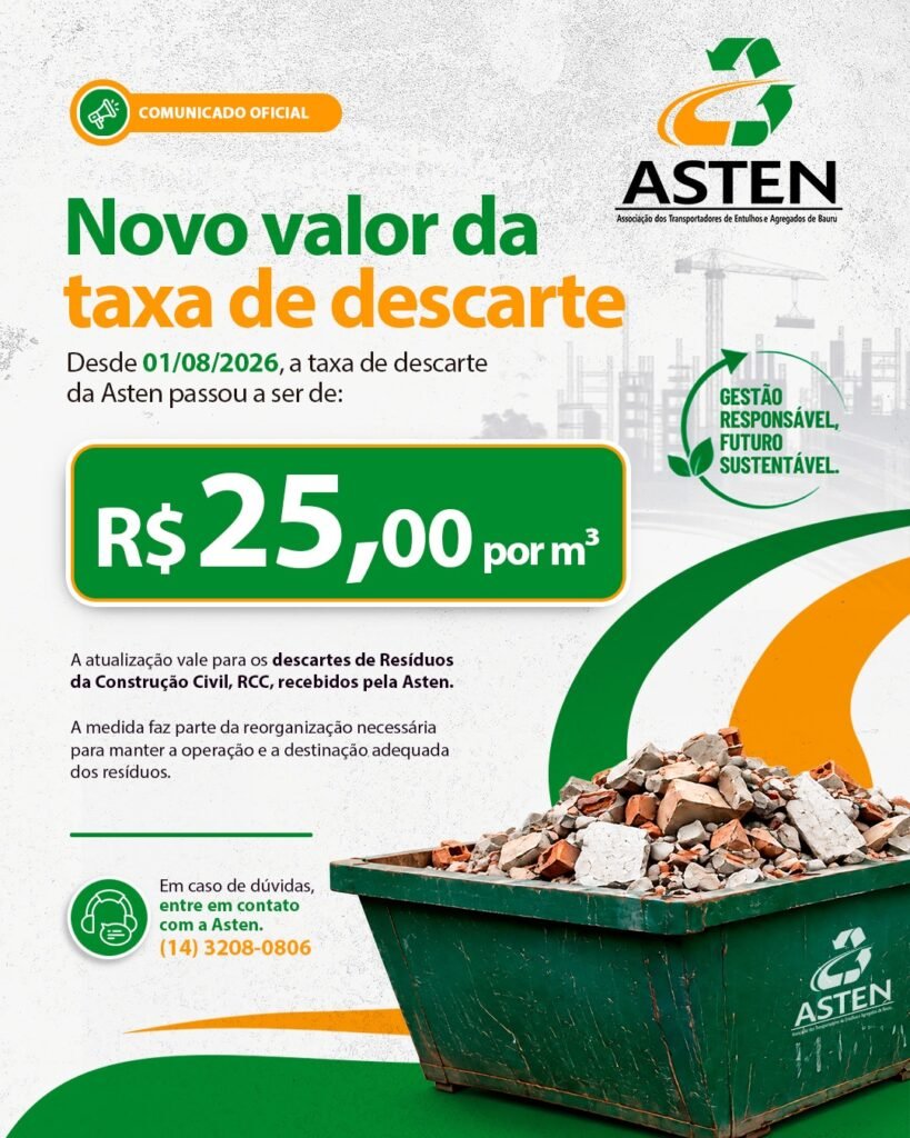 Tabela com novo valor da taxa de descarte da ASTEN