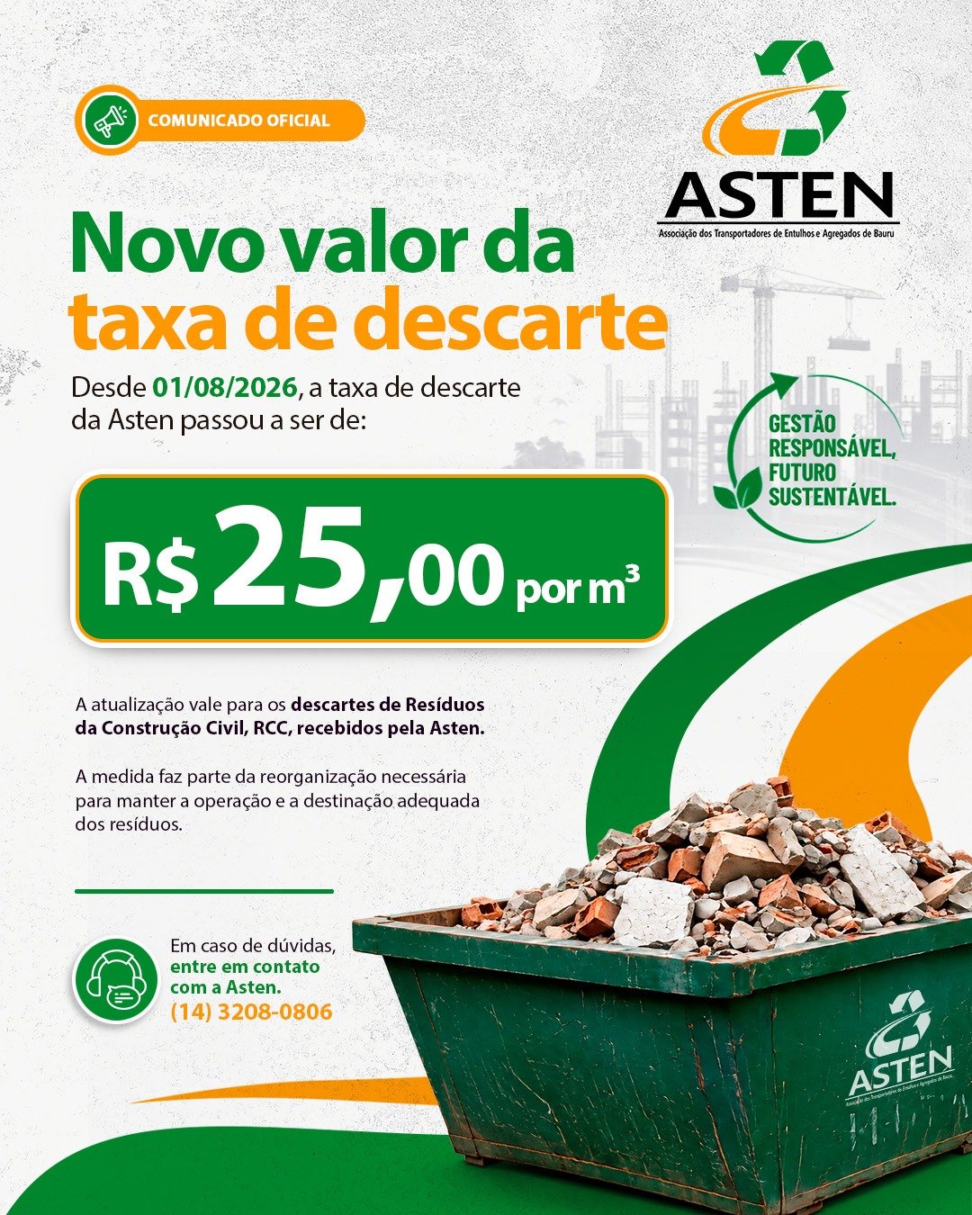 Tabela com novo valor da taxa de descarte da ASTEN