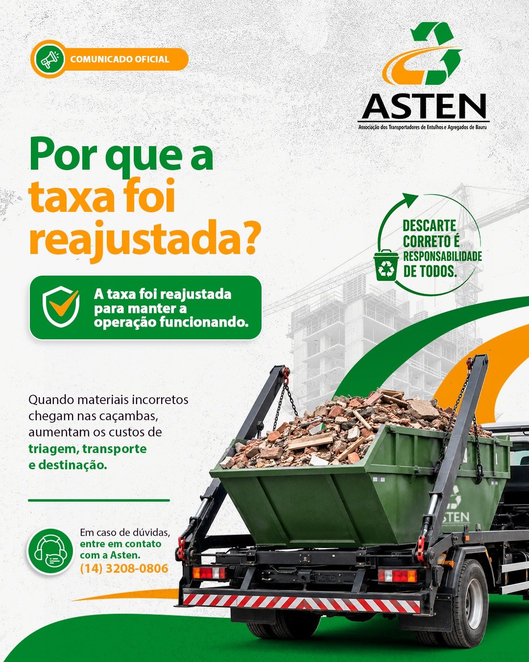 Banner explicativo sobre o reajuste da taxa de descarte na ASTEN